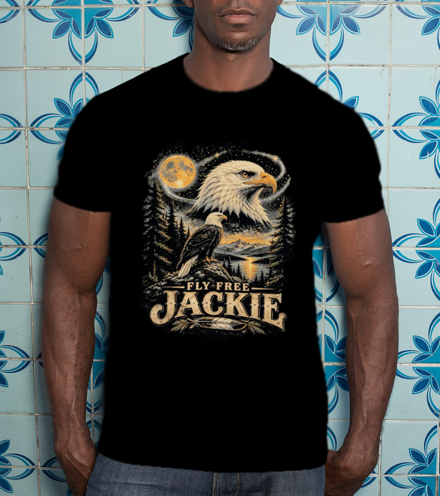 Fly Free Jackie Bald Eagle Scenic Tribute Moonlit Forest Landscape T-Shirt