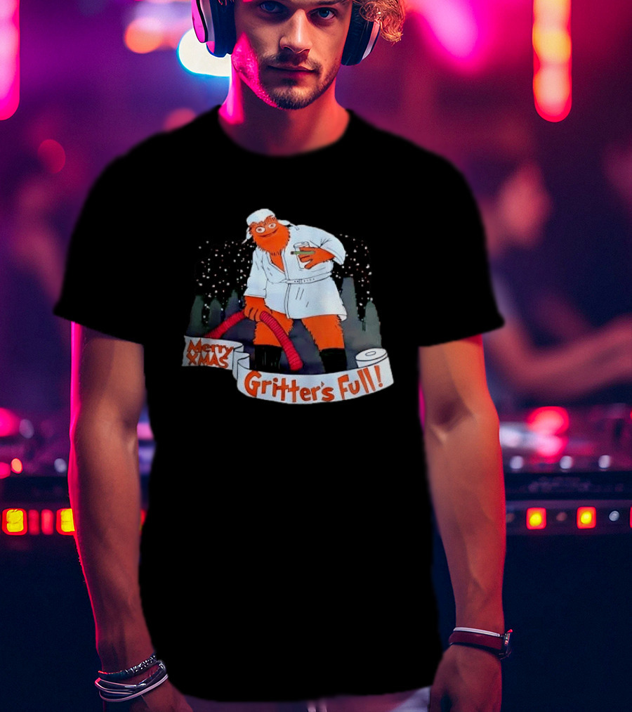 Merry Xmas Gritters Full Cartoon Orange Bathrobe Holding Hose T-Shirt