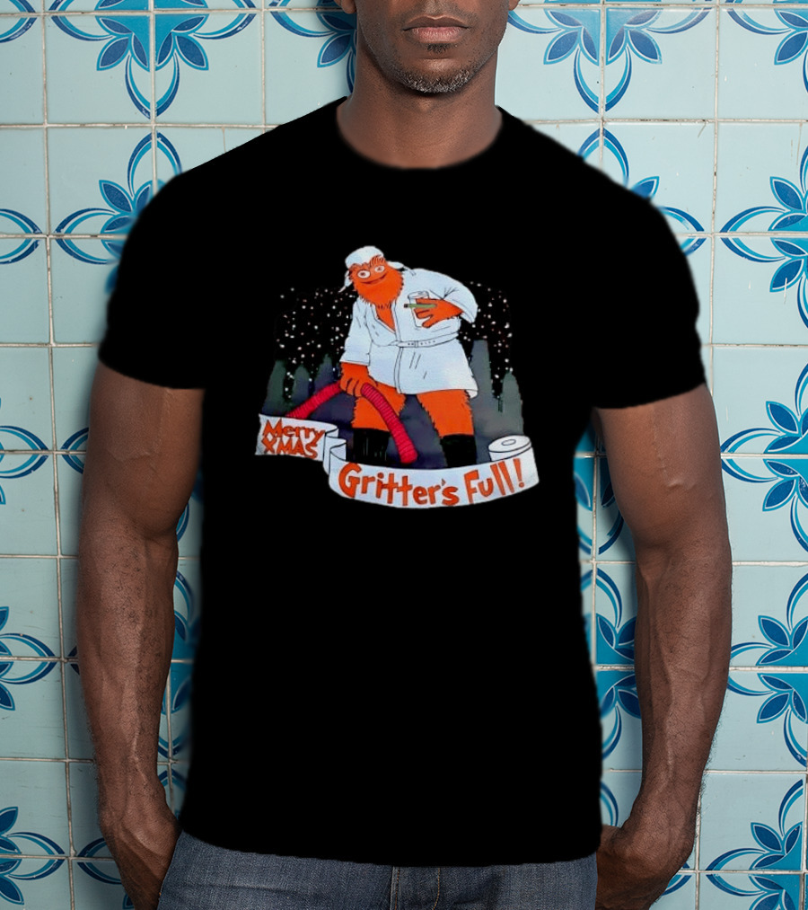 Merry Xmas Gritters Full Cartoon Orange Bathrobe Holding Hose T-Shirt