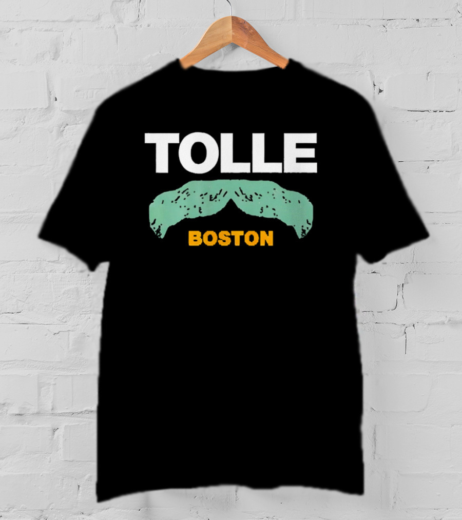 Tolle Boston White And Yellow Distressed Green Mustache T-Shirt