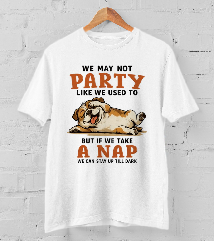 We May Not Party Like We Used To But If We Take A Nap We Can Stay Up Till Dark Cartoon Bulldog Lying Down T-Shirt