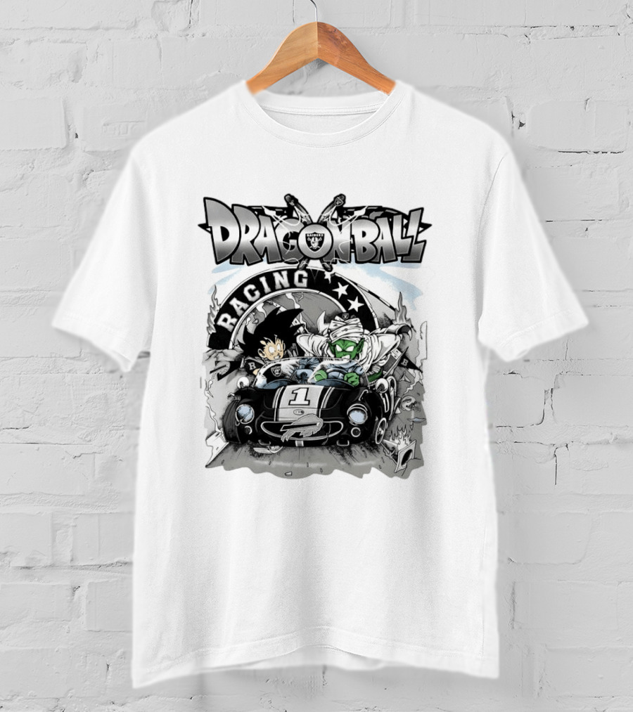 Las Vegas Raiders Dragon Ball Racing Goku Piccolo Driving Black Car Cartoon Raiders NFL T-Shirt