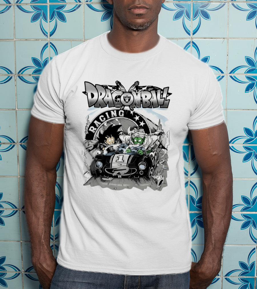 Las Vegas Raiders Dragon Ball Racing Goku Piccolo Driving Black Car Cartoon Raiders NFL T-Shirt