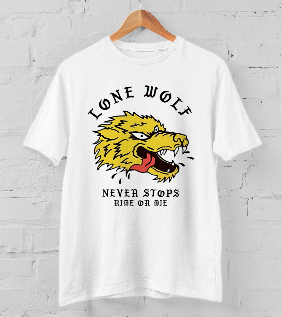 Lone Wolf Never Stops Ride Or Die Fierce Yellow Wolf Head T-Shirt
