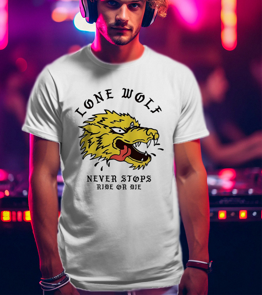 Lone Wolf Never Stops Ride Or Die Fierce Yellow Wolf Head T-Shirt