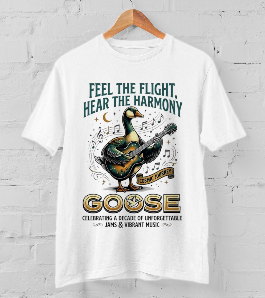 Goose Feel The Flight Hear The Harmony Cosmic Journey Celebrating A Decade Of Unforgettable Jams And Vibrant Music Moon Guitar Notes T-Shirt