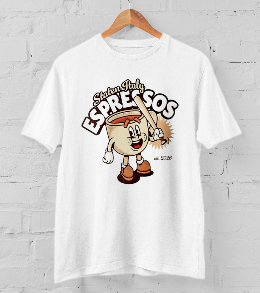 Staten Italy Espressos Est 2026 Cartoon Coffee Cup With Baseball Bat T-Shirt