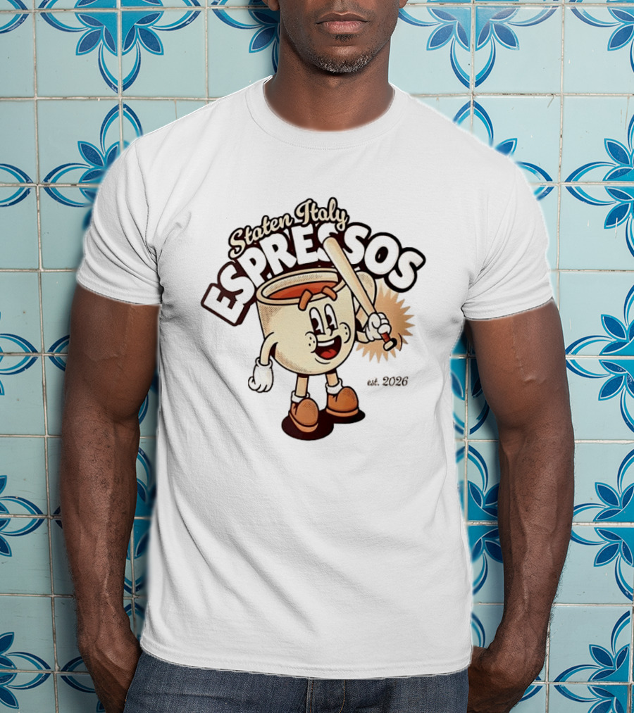 Staten Italy Espressos Est 2026 Cartoon Coffee Cup With Baseball Bat T-Shirt