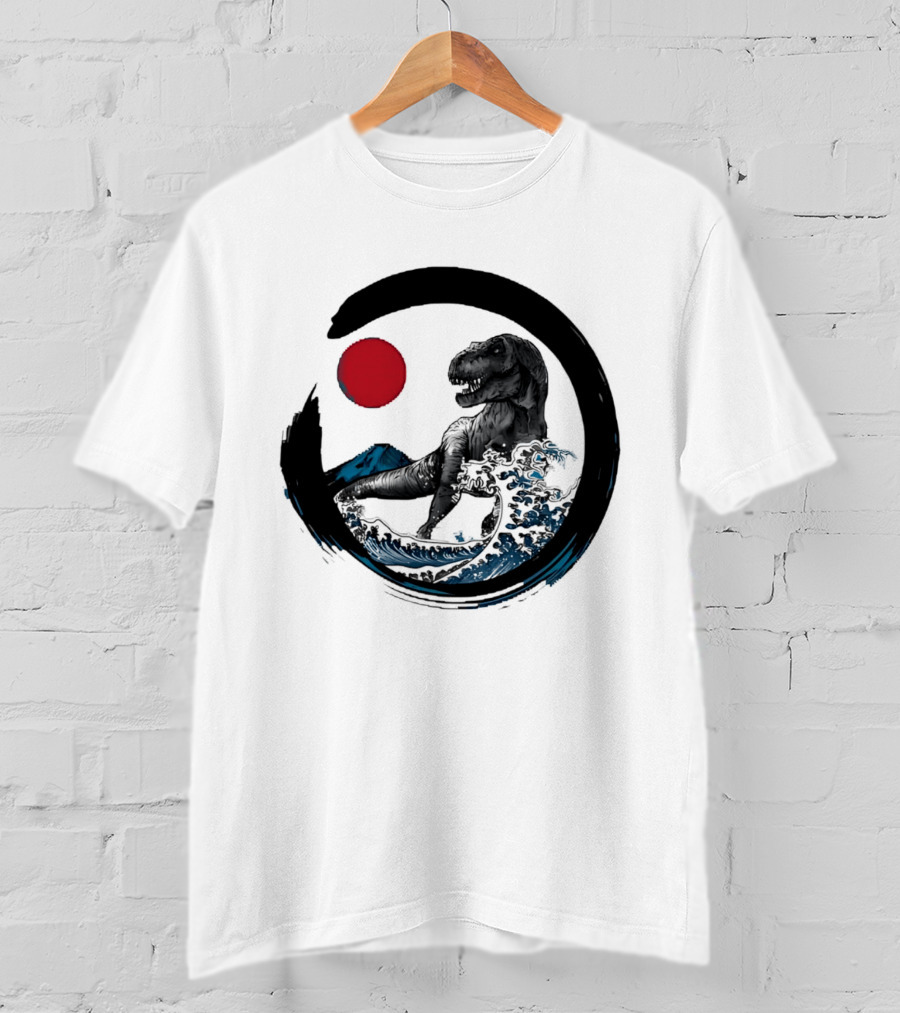 Tyrannosaurus Rex Riding Great Wave With Mount Fuji Enso And Red Sun T-Shirt