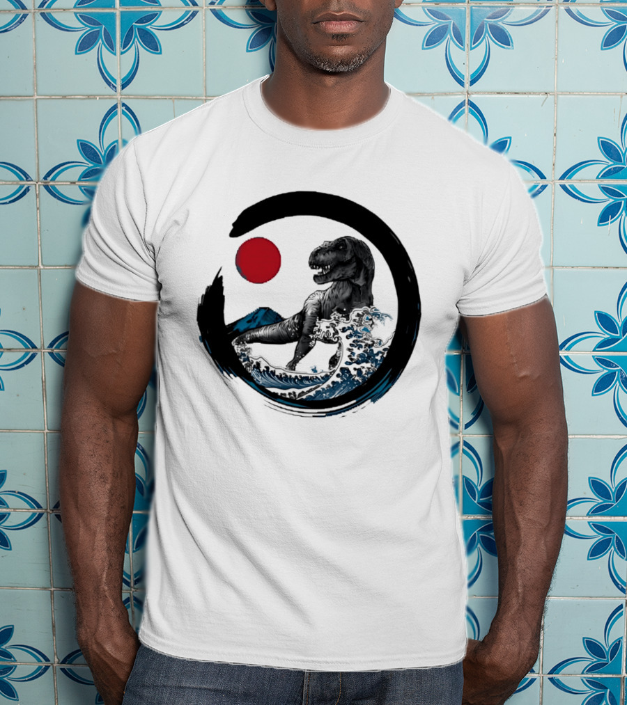 Tyrannosaurus Rex Riding Great Wave With Mount Fuji Enso And Red Sun T-Shirt