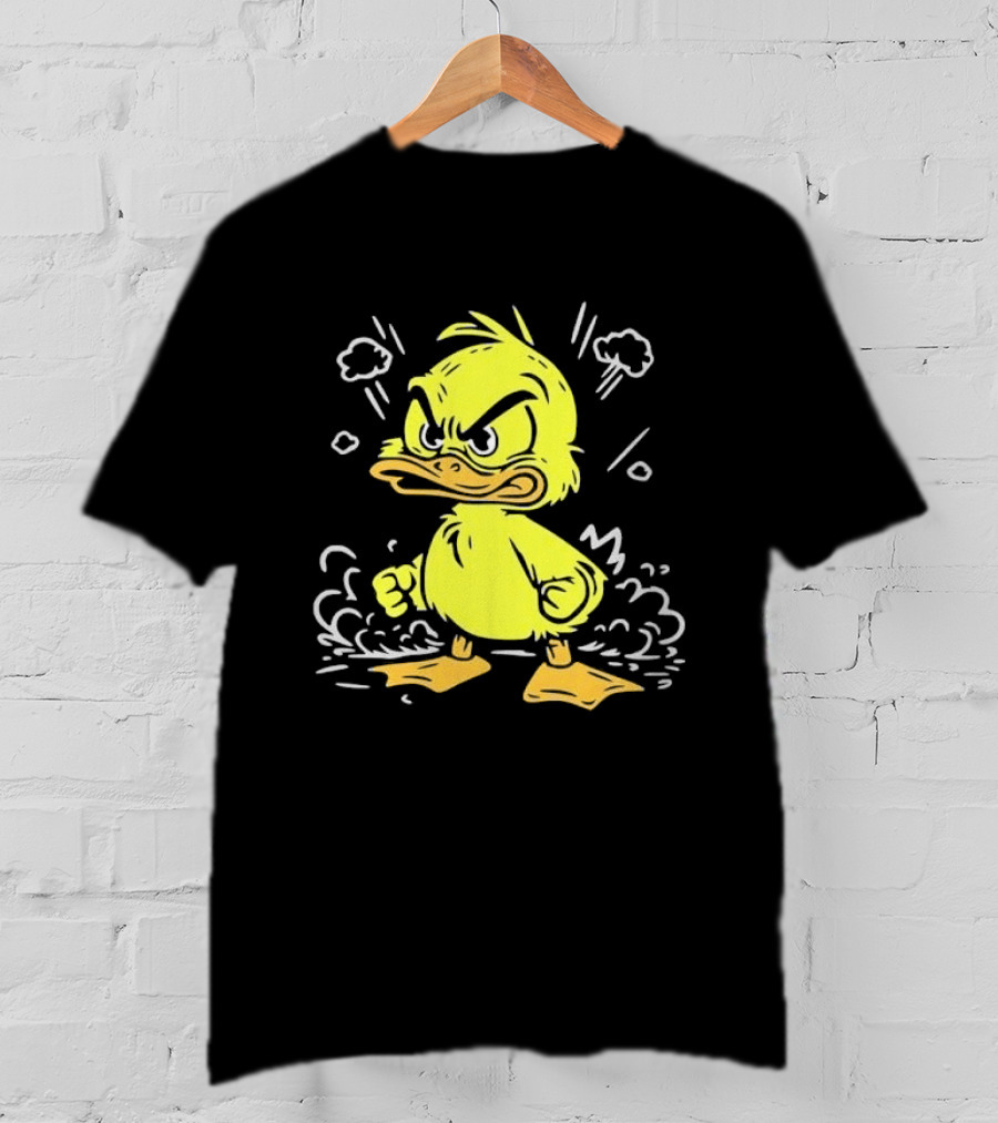 Angry Yellow Duckling Clenched Fists Smoke Clouds Cartoon Line T-Shirt