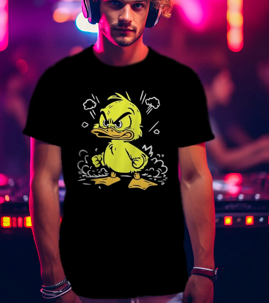 Angry Yellow Duckling Clenched Fists Smoke Clouds Cartoon Line T-Shirt