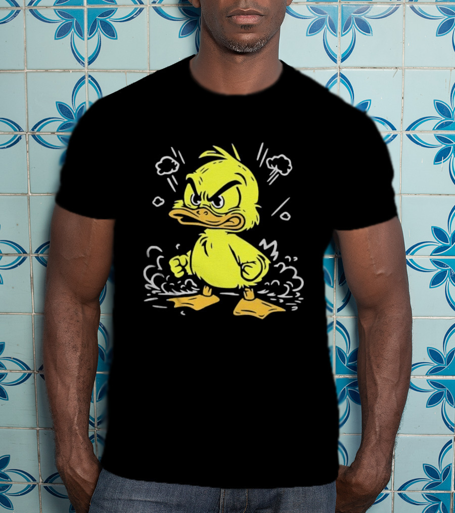 Angry Yellow Duckling Clenched Fists Smoke Clouds Cartoon Line T-Shirt