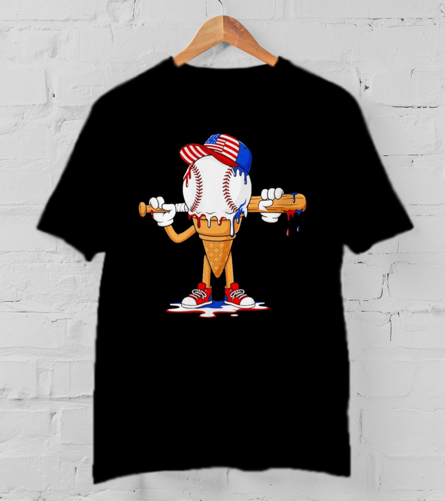 Patriotic Ice Cream Baseball Cone USA Flag Cap And Bat T-Shirt