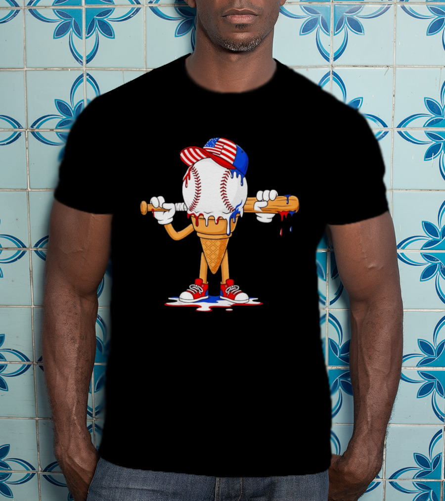 Patriotic Ice Cream Baseball Cone USA Flag Cap And Bat T-Shirt