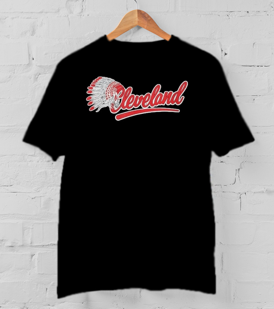 Cleveland Native American Feather Headdress Distressed Script T-Shirt