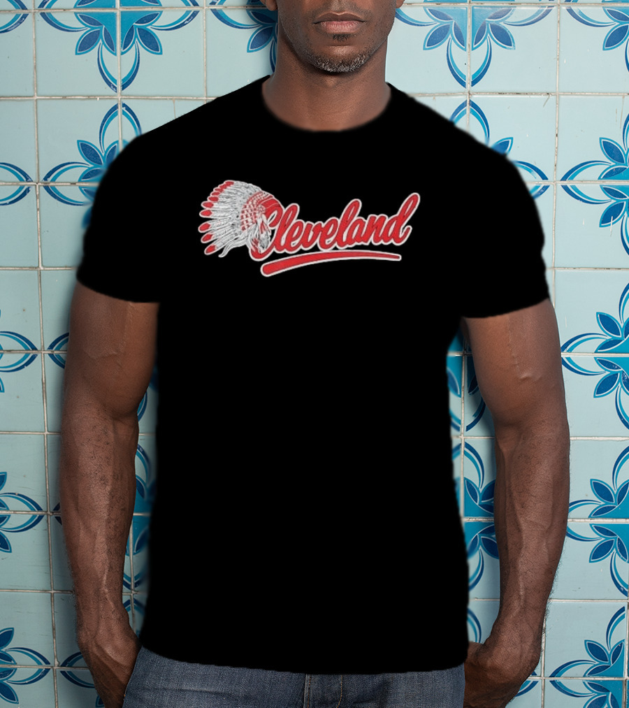 Cleveland Native American Feather Headdress Distressed Script T-Shirt
