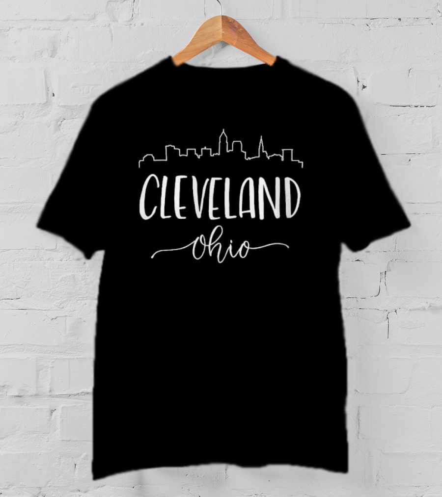 Cleveland Ohio Skyline Buildings White Script T-Shirt