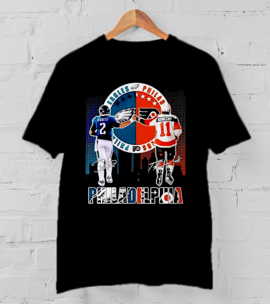 Philadelphia Eagles Flyers Hurts Konecny Fist Bump Split Crest Skyline T-Shirt