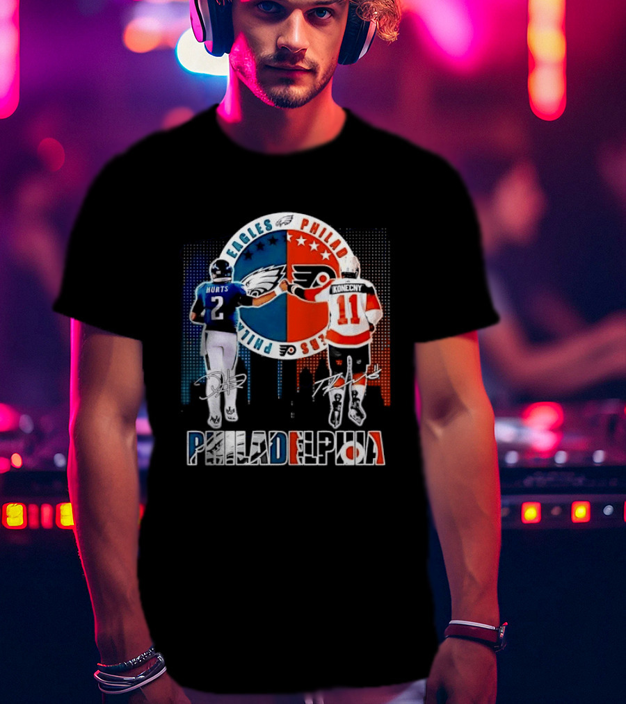 Philadelphia Eagles Flyers Hurts Konecny Fist Bump Split Crest Skyline T-Shirt