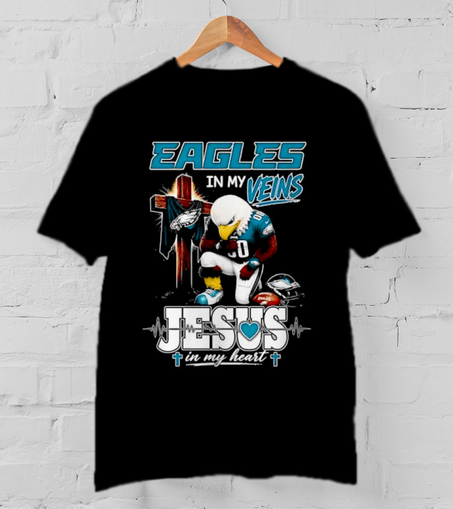 Eagles In My Veins Jesus In My Heart Kneeling Cross Football Helmet T-Shirt