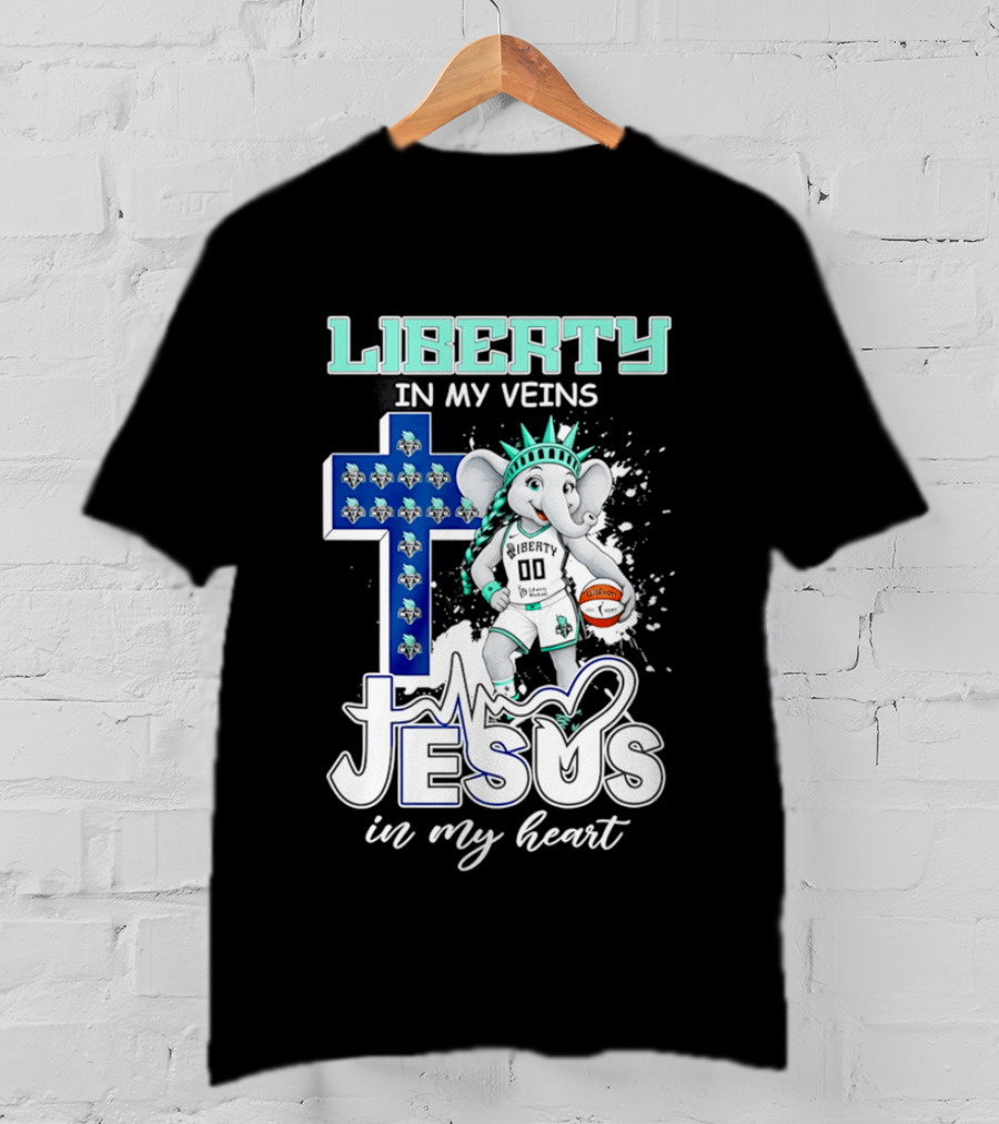Liberty In My Veins Jesus In My Heart New York Liberty Elephant Basketball Cross T-Shirt