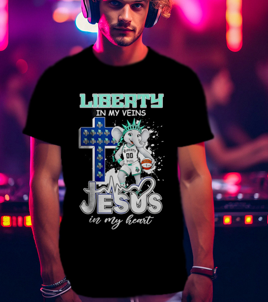 Liberty In My Veins Jesus In My Heart New York Liberty Elephant Basketball Cross T-Shirt