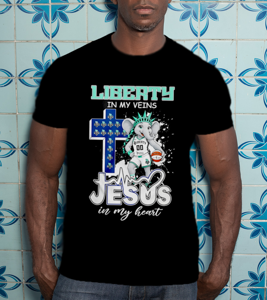 Liberty In My Veins Jesus In My Heart New York Liberty Elephant Basketball Cross T-Shirt