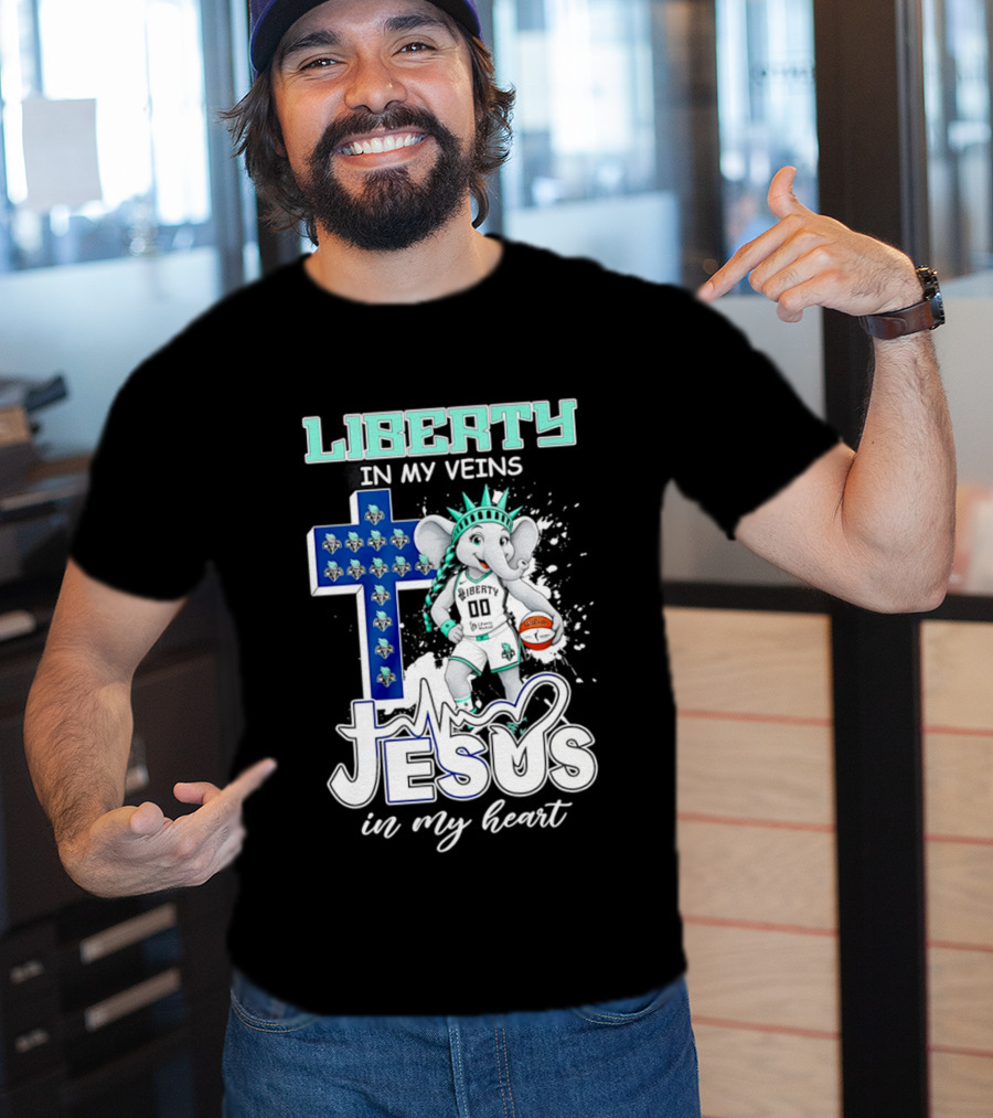 Liberty In My Veins Jesus In My Heart New York Liberty Elephant Basketball Cross T-Shirt