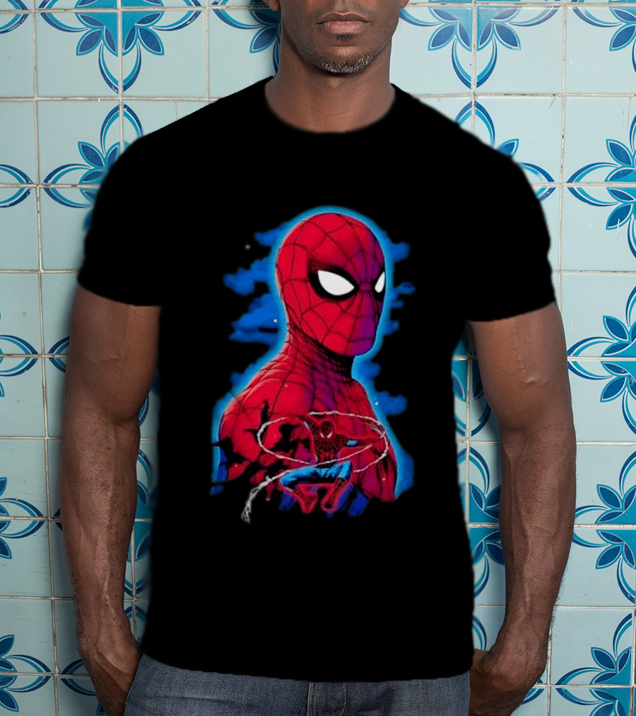 Marvel Spider Man Bust Crouching Web Action Silhouette Clouds T-Shirt