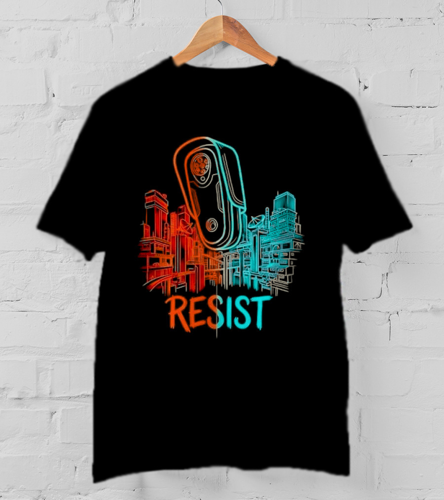 Resist Surveillance Neon City Skyline Security Camera T-Shirt