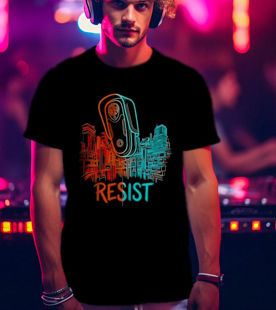 Resist Surveillance Neon City Skyline Security Camera T-Shirt