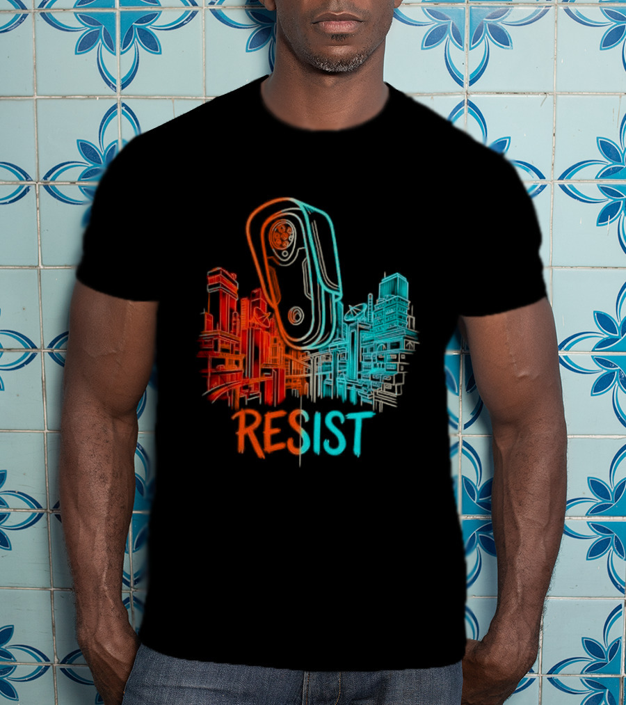 Resist Surveillance Neon City Skyline Security Camera T-Shirt