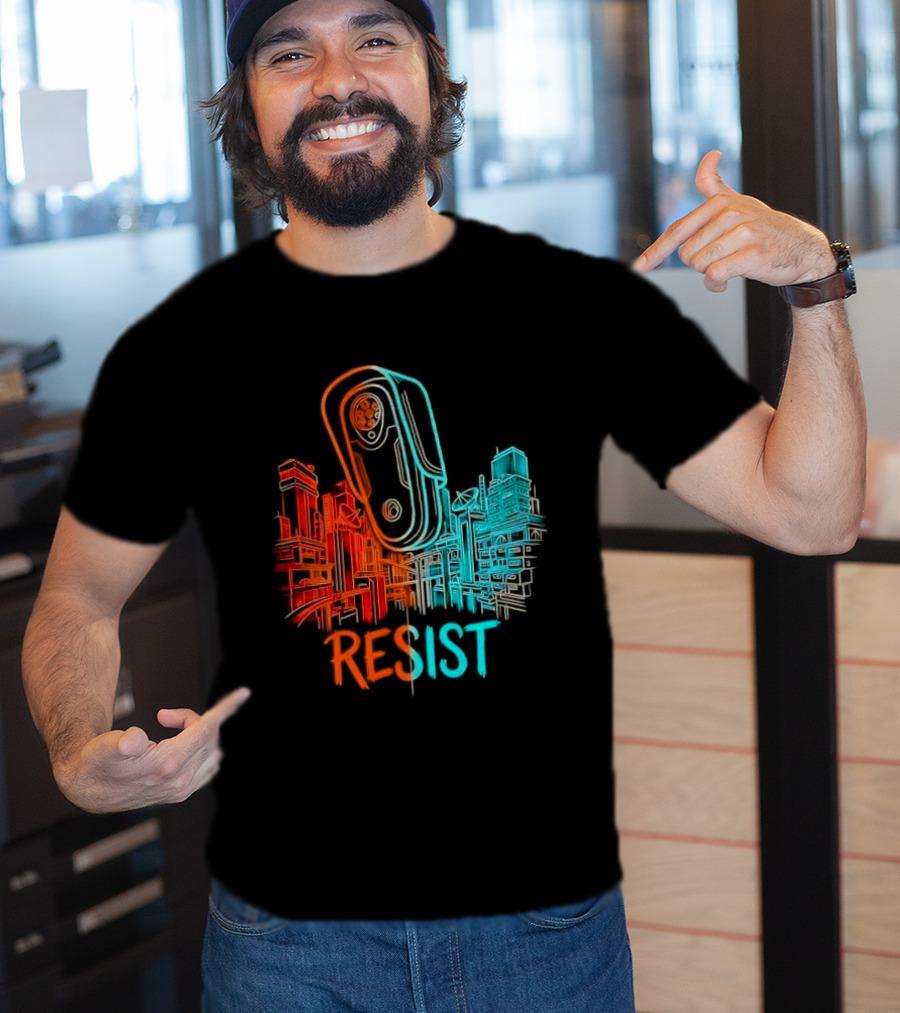 Resist Surveillance Neon City Skyline Security Camera T-Shirt