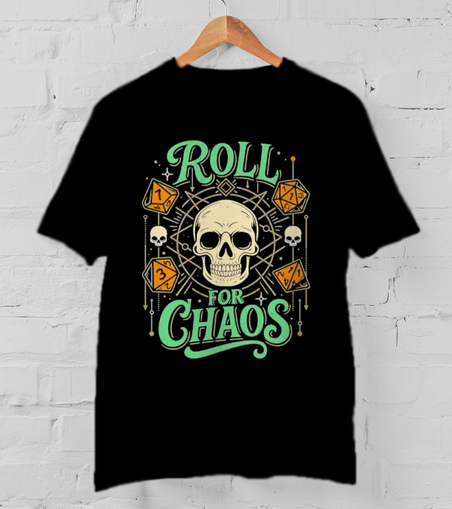 Roll For Chaos Skull RPG Dice Geometric Polyhedral Line T-Shirt