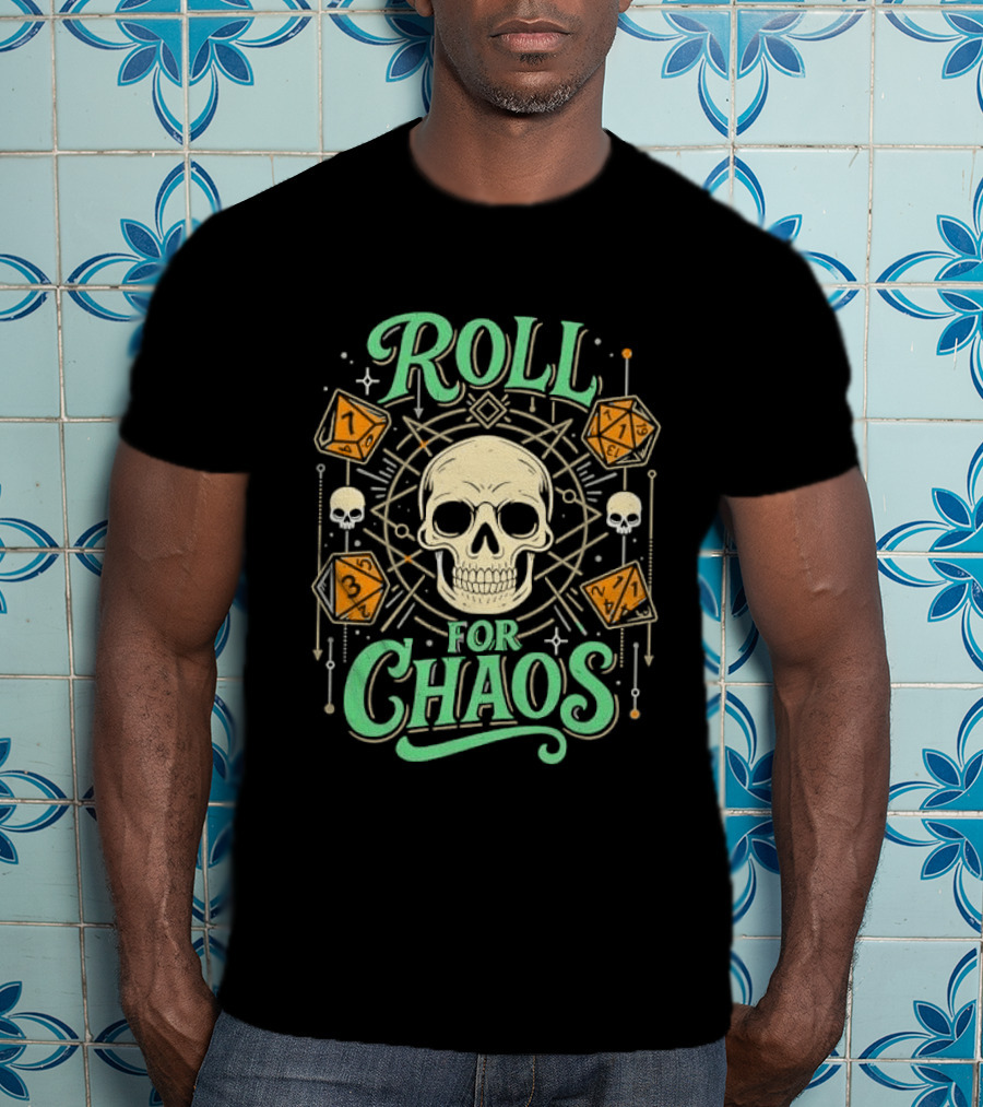 Roll For Chaos Skull RPG Dice Geometric Polyhedral Line T-Shirt