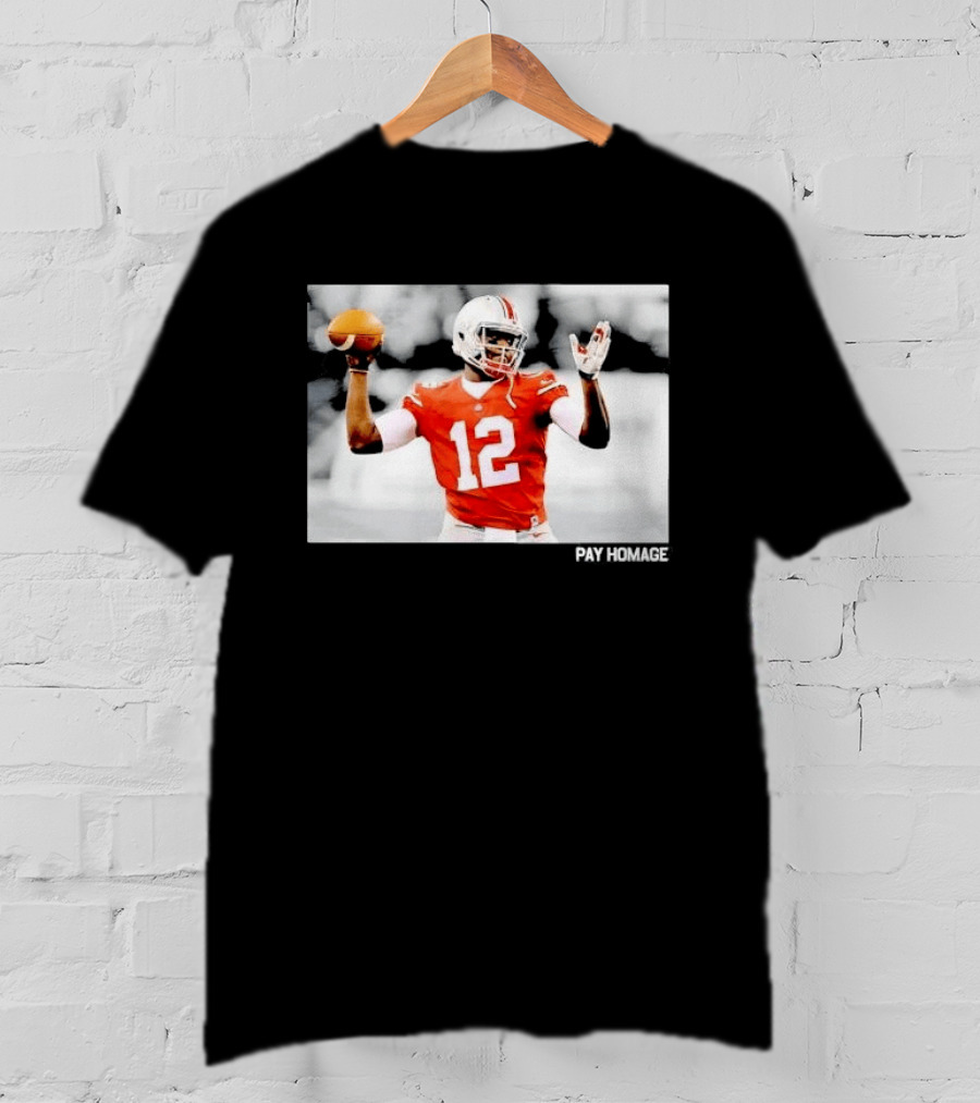 Ohio State Buckeyes Quarterback Number 12 Throwing Football Selective Color Pay Homage T-Shirt