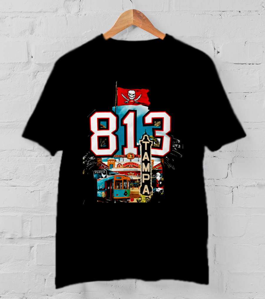 Tampa Bay Buccaneers 813 Day Celebration With Pirate Flag And Tampa Landmarks T-Shirt