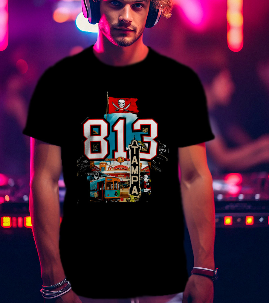 Tampa Bay Buccaneers 813 Day Celebration With Pirate Flag And Tampa Landmarks T-Shirt