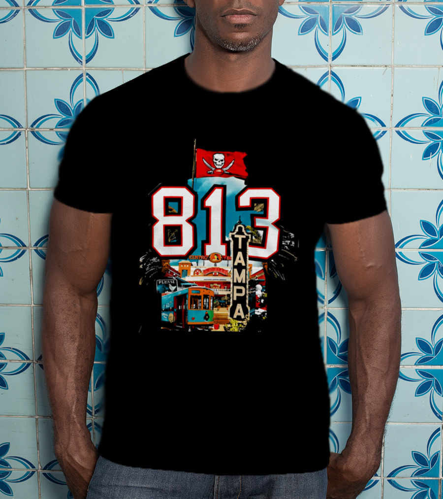 Tampa Bay Buccaneers 813 Day Celebration With Pirate Flag And Tampa Landmarks T-Shirt
