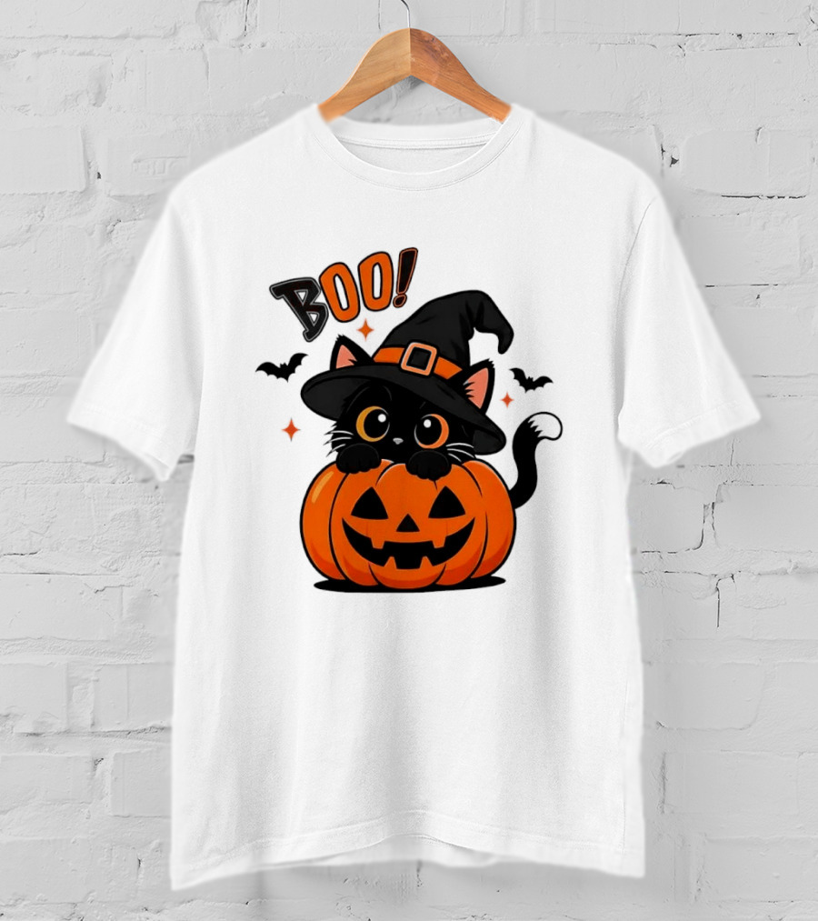 Boo Halloween Black Cat Witch Hat Jack O Lantern Pumpkin T-Shirt