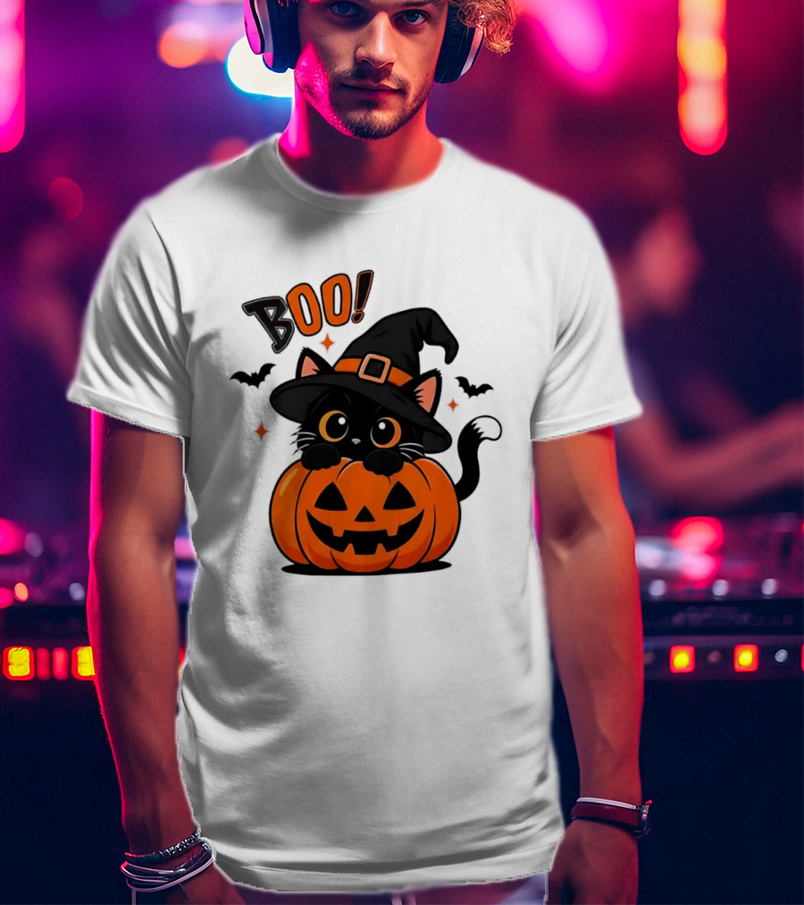 Boo Halloween Black Cat Witch Hat Jack O Lantern Pumpkin T-Shirt