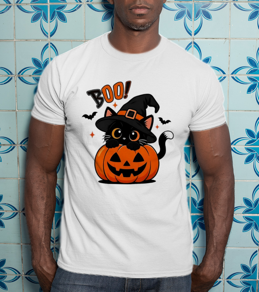 Boo Halloween Black Cat Witch Hat Jack O Lantern Pumpkin T-Shirt