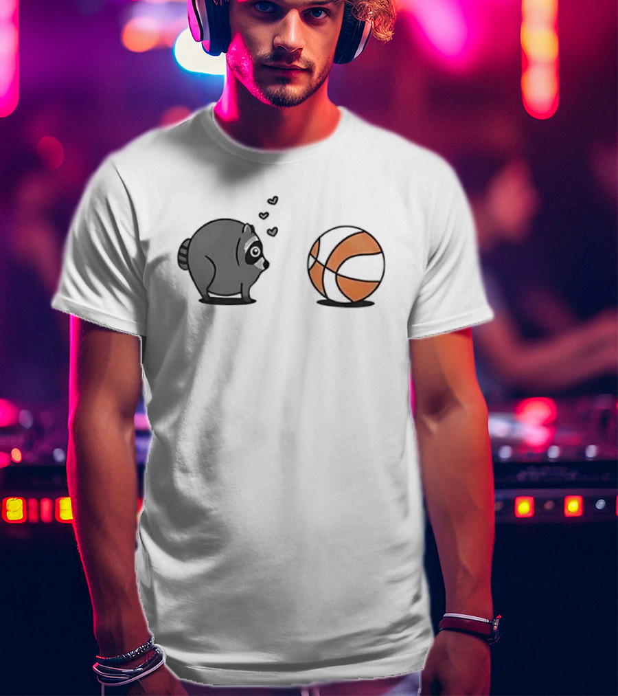 Chubby Cartoon Raccoon Admiring Basketball With Pink Hearts T-Shirt