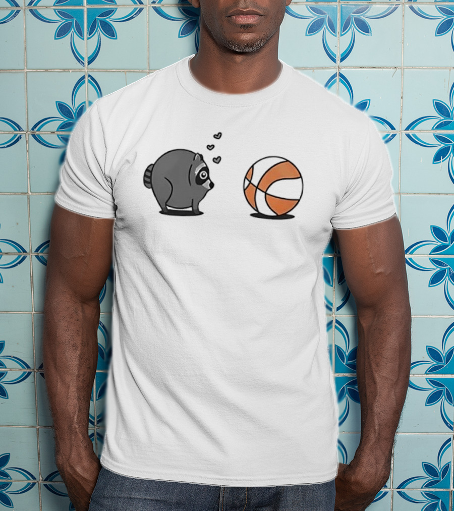 Chubby Cartoon Raccoon Admiring Basketball With Pink Hearts T-Shirt