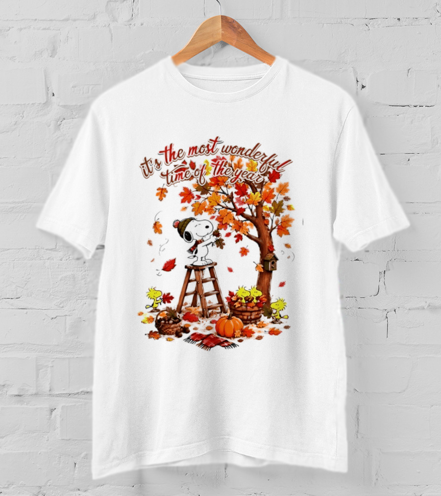 Snoopy It's The Most Wonderful Time Of The Year Autumn Tree Pumpkin Woodstock T-Shirt