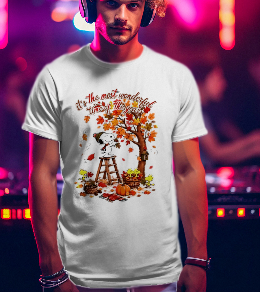 Snoopy It's The Most Wonderful Time Of The Year Autumn Tree Pumpkin Woodstock T-Shirt