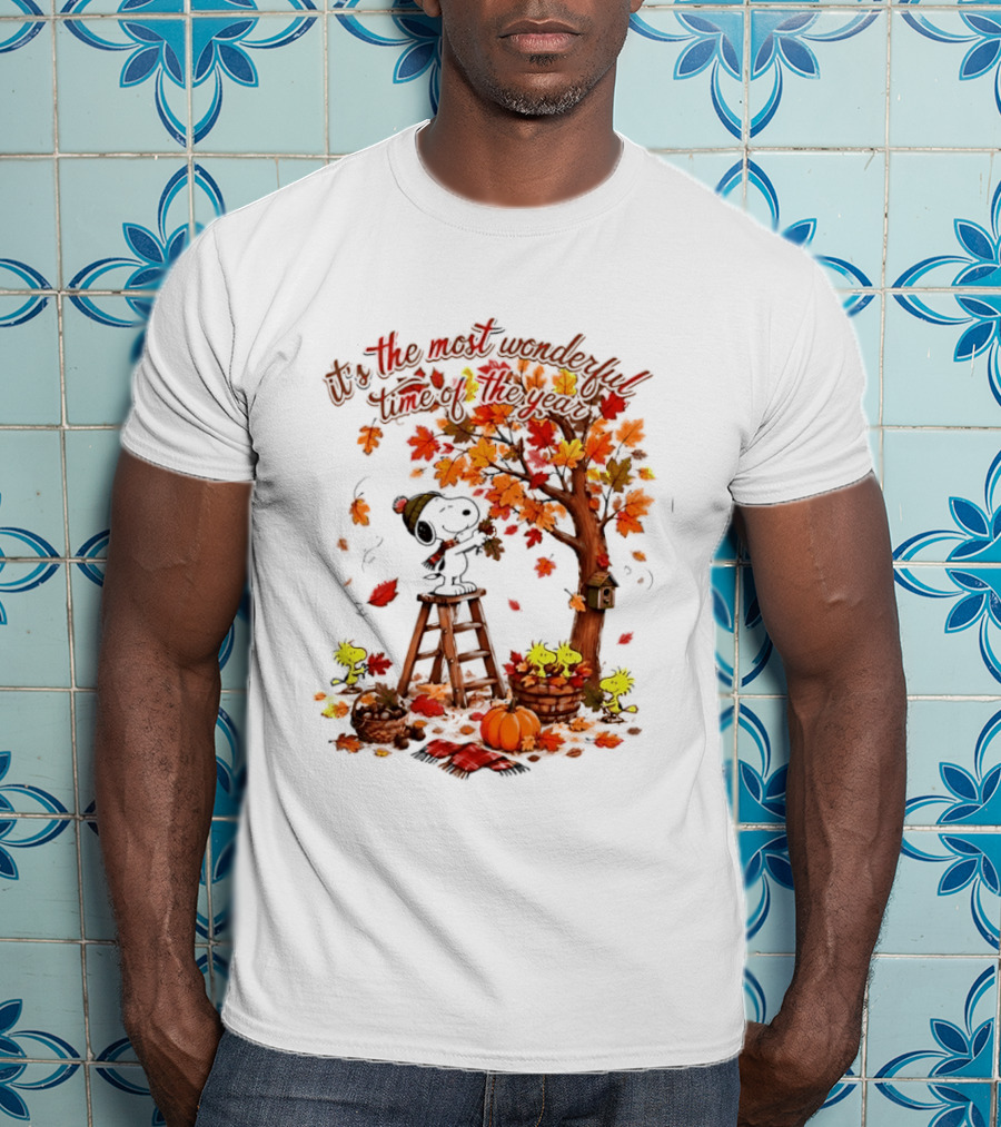 Snoopy It's The Most Wonderful Time Of The Year Autumn Tree Pumpkin Woodstock T-Shirt