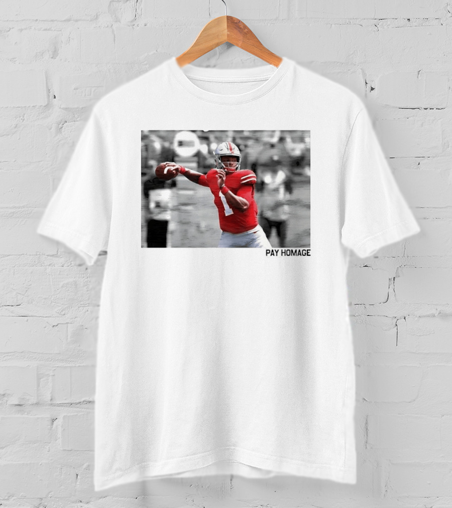 Ohio State Buckeyes NCAA Pay Homage Quarterback Throwing Football Selective Color Photo T-Shirt