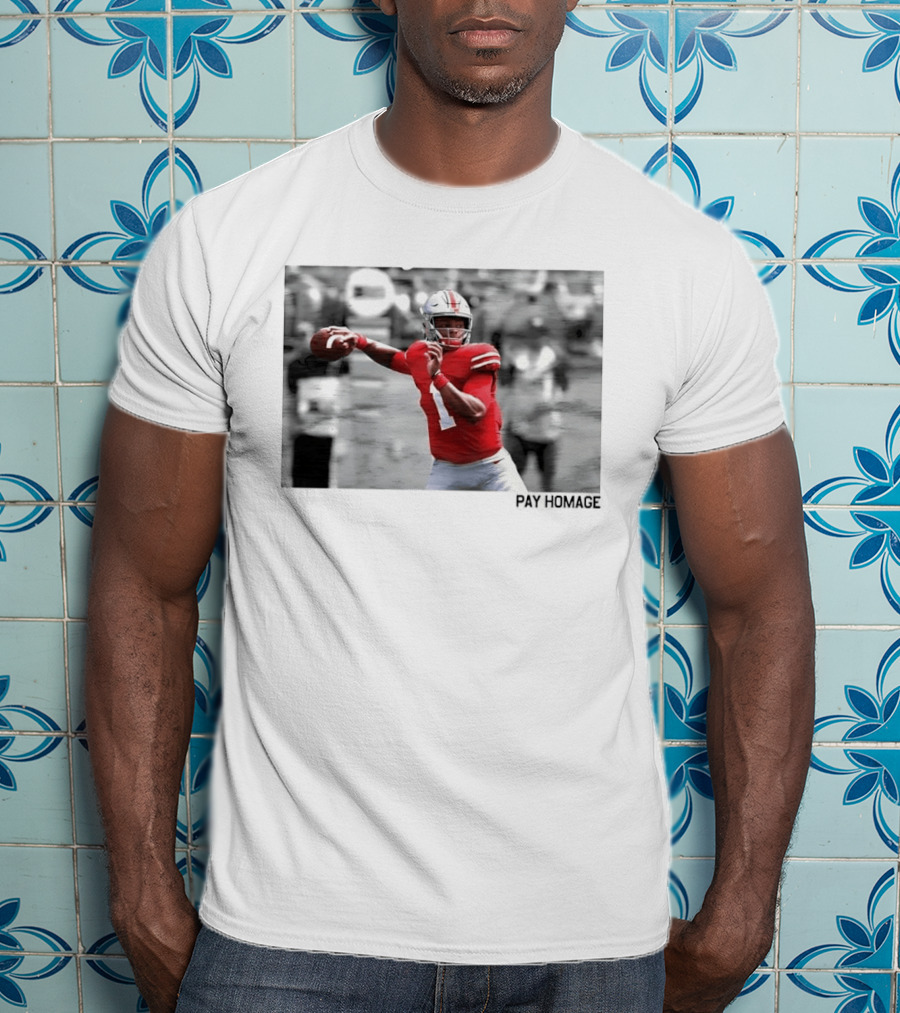 Ohio State Buckeyes NCAA Pay Homage Quarterback Throwing Football Selective Color Photo T-Shirt